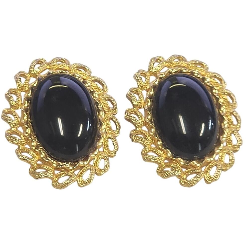 Paolo Gucci Gold-tone Black Cabochon Clip-back Earrings, Vintage